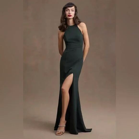 Anthropologie BHLDN Serephina Forest Green Crepe Maxi Dress SZ 4